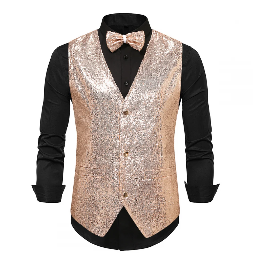 thumbnail image 1 of Chaleco de lentejuelas para hombre con pajarita, traje ajustado para boda, fiesta de graduación, chaqueta sin mangas con cuello en V, chaleco para fiesta de graduación, 1 of 5