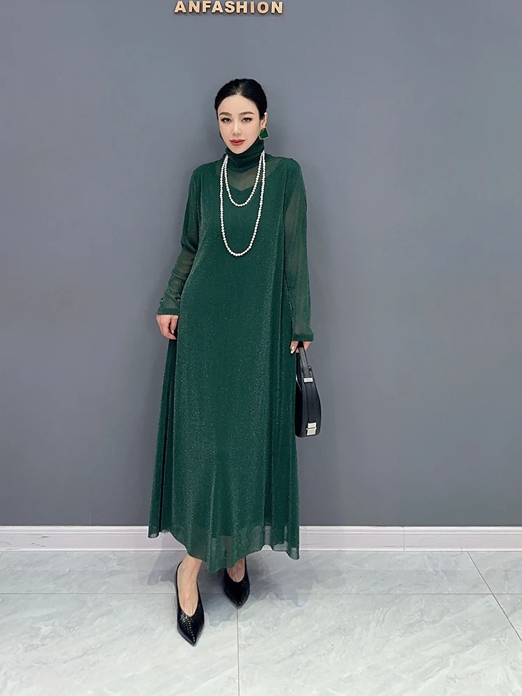 

SuperAen 2023 Autumn New Korean Style Casual High Neck Elegant Dress Solid Color Fashion Women's Green Long Sleeve Dress