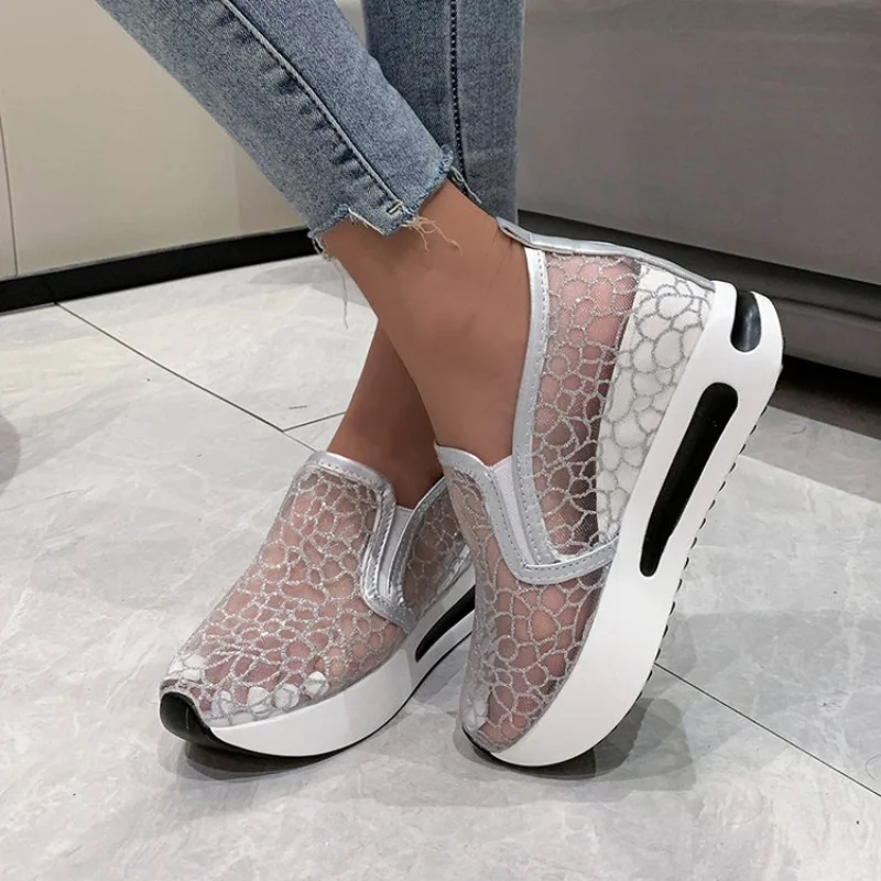 

Female Wedge Shoes Sequin Mesh Breathable Shoes Women White Gold Platform Sneakers Women Height Increasing Wedges Shoes Casual