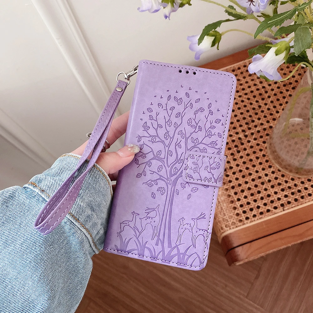 Leather Wallet Phone Case with Card Slots and Magnetic Closure - Tree Design