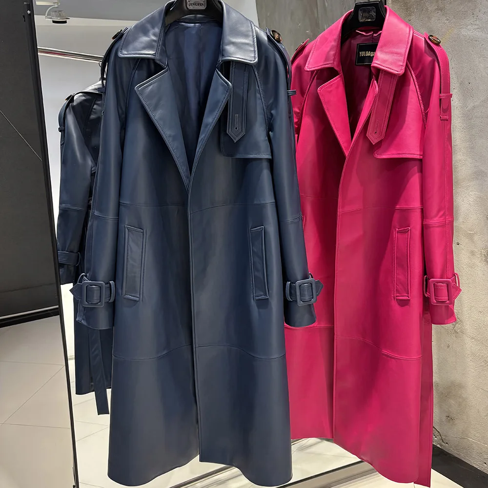 YOLOAgain Medium Length Real Leather Trench Coat Women 2025