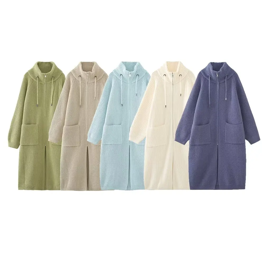 

Women New Fashion Pocket decoration Standing Neck Long style Knitted Coat Vintage Long Sleeve Zipper Female Outerwear Chic Tops