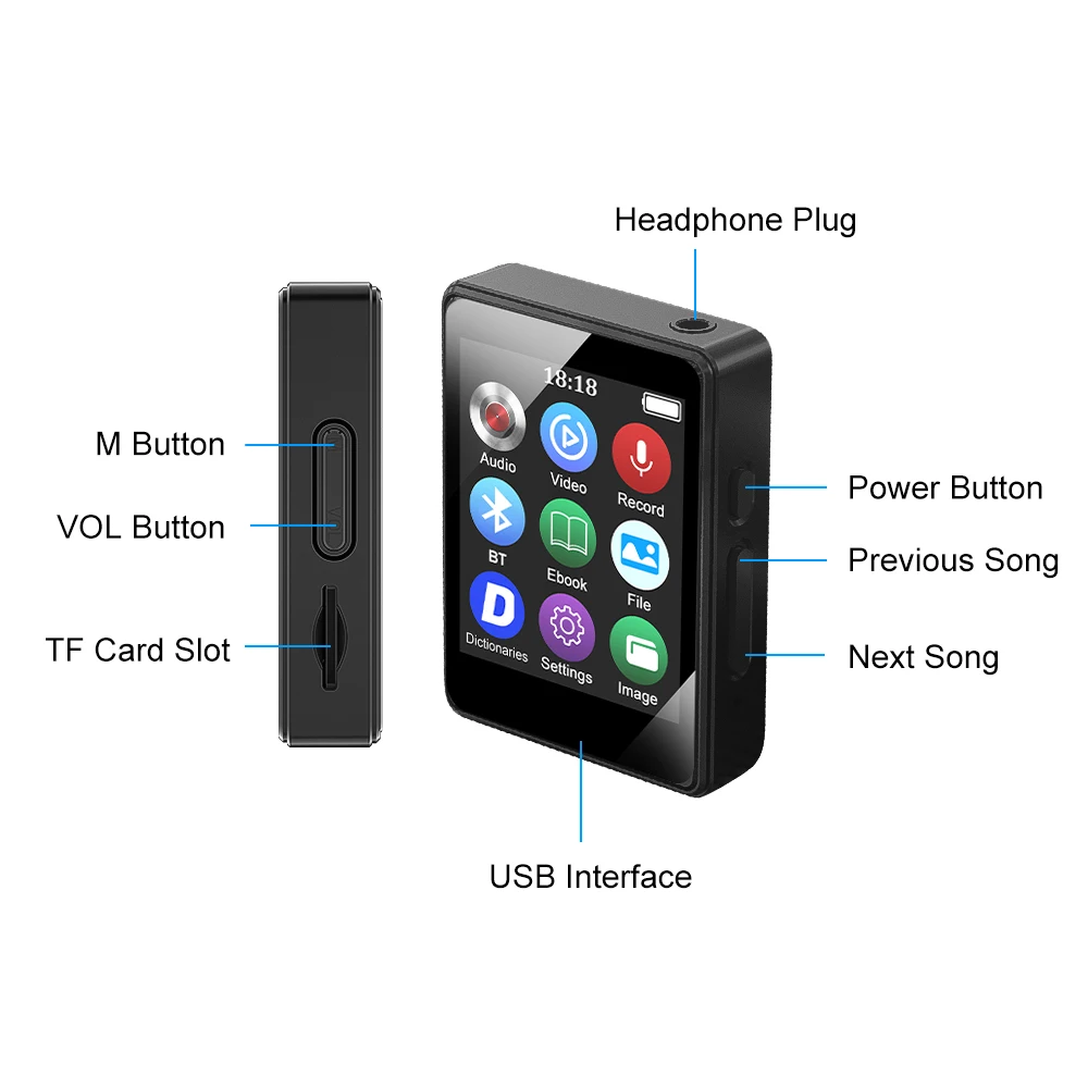 Portable BT MP3 Player Wireless Mini Digital HiFi Lossless Sound Music Players Small Black Walkman Audio Player - 5