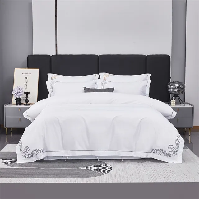 Juste de Luxe en Coton Doux 600TC Blanc Brcorporelle pour Hôtel, Drap pio, Taies d'Oreiller Chic, Broderie Grise/Or, Queen Super King 1