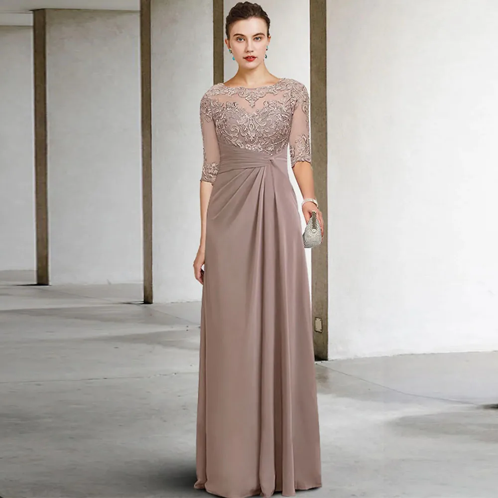 

O Neck Mother Of The Dresses 2022 Chiffon Floor Length Three Quarter Sleeve Appliques Wedding Guest Gowns Elegant Party Dress