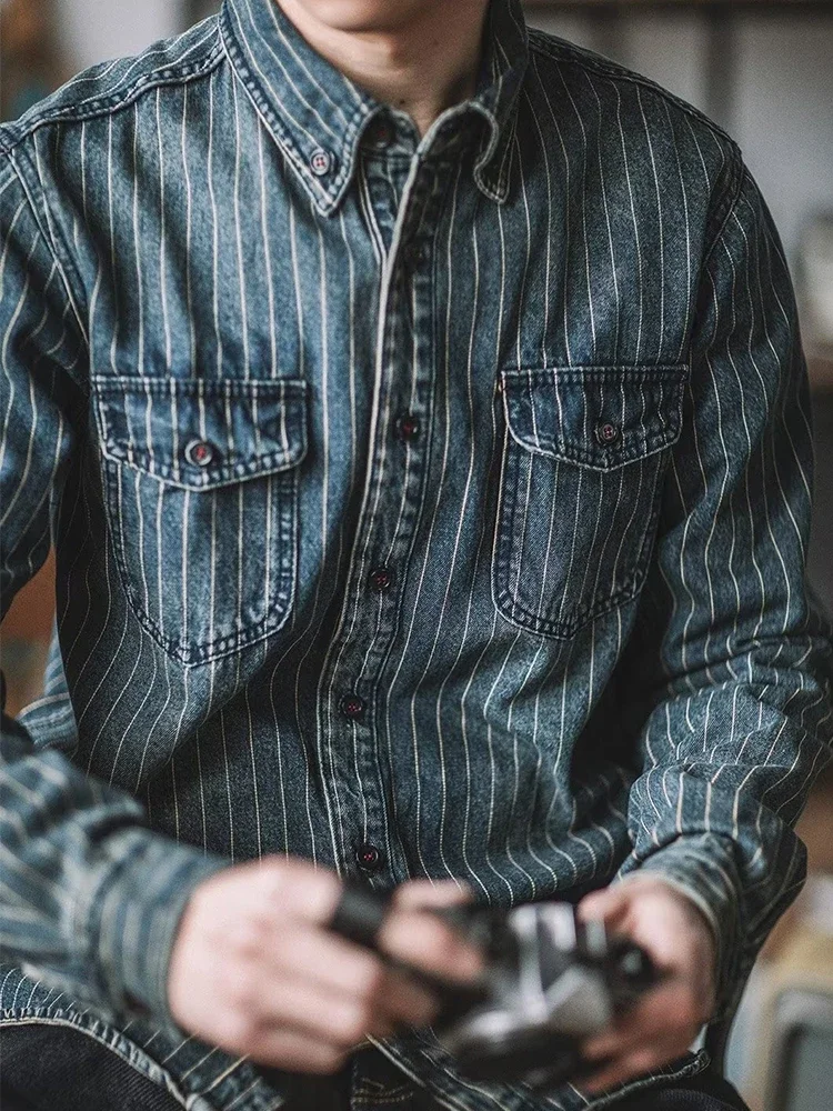 Men's Denim Shirt Long Sleeved Shirt Casual Buttoned Lapel Striped Spring Cargo Top