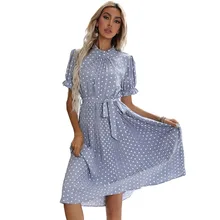 

Summer 2022 Women'S Casual Polka Dot Print Pleated Round Neck Flared Sleeve Pullover Midi Dress Tailleur Femme Wtr058