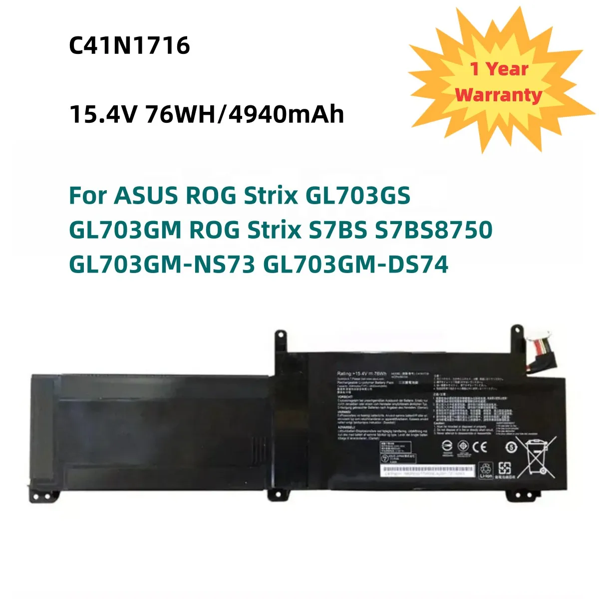 

C41N1716 Laptop Battery For ASUS ROG Strix GL703GS GL703GM ROG Strix S7BS S7BS8750 GL703GM-NS73 GL703GM-DS74