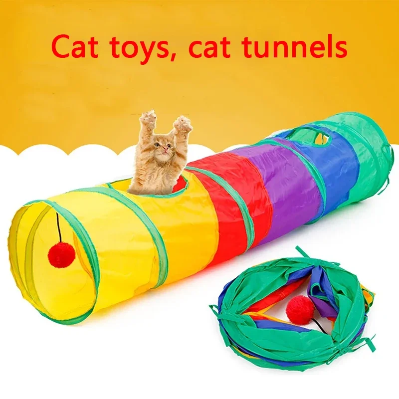 2-in-1 Cat Tunnel Bed With Cushion & Toys - Collapsible Play Tube For Large Cats & Small Dogs (50" Long)