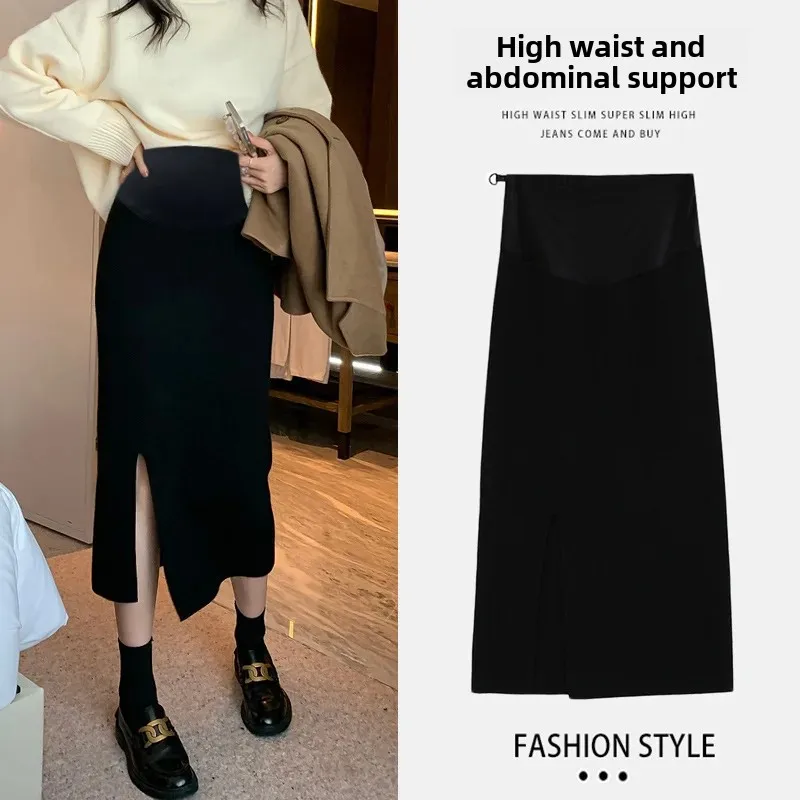 Maternity Fashion Knitted Belly Support Half Skirt Casual Trendy Mom High Waist Slit Slimming One Step Skirt Autumn Winter