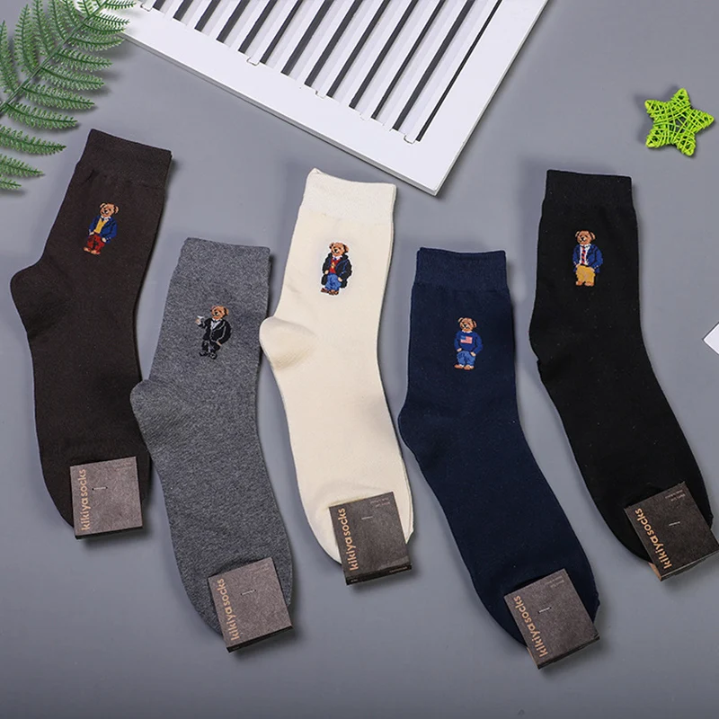 5 Pairs Bear Men's Socks Cartoon Gentleman Harajuku Skateboard Socks Wnter Warm Novelty Breathable Business Sox Christmas Gift