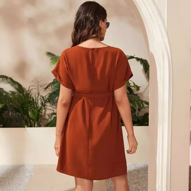 Maternity Clothings Solid Color Soft Elastic Maternity Dress Fashionable and Elegant Short Sleeved High Waisted Lace Up Dress 5