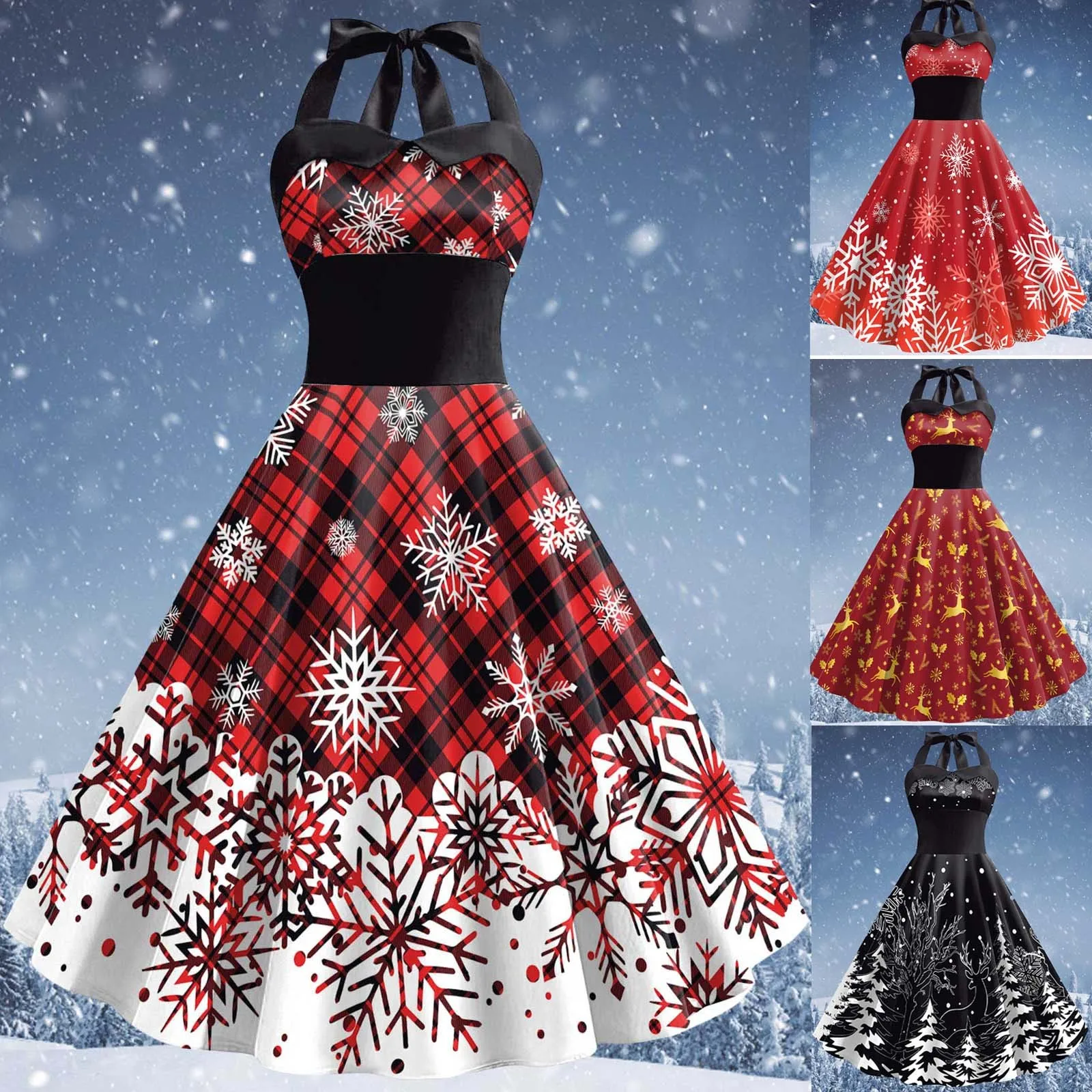 Red Christmas Snowflake Elk Print Halter Dresses for Women Sexy Backless  Cocktail Party Dress 50s 60s Pin Up Rockabilly Dress - AliExpress 200000345