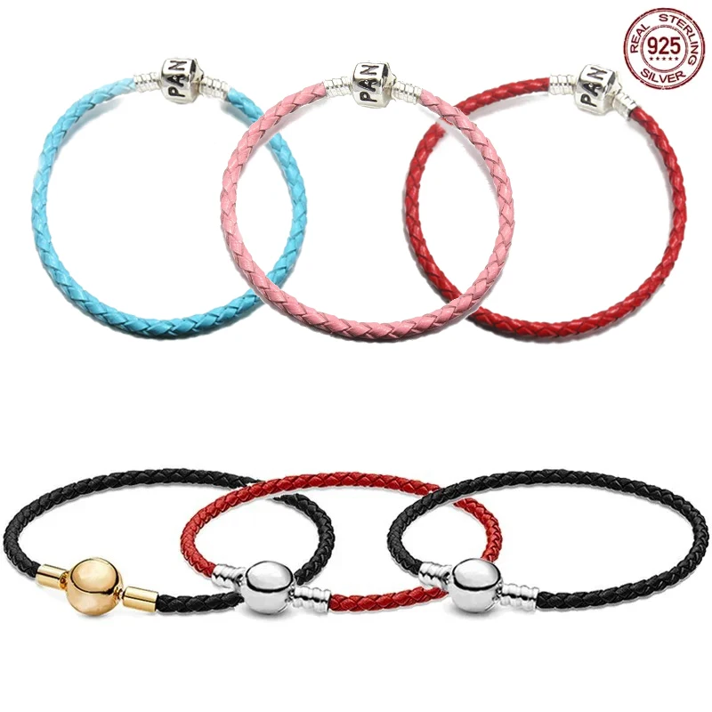 

Couple bracelet genuine 925 sterling silver genuine leather bracelet with fitting design, original Pandora beaded DIY jewelry