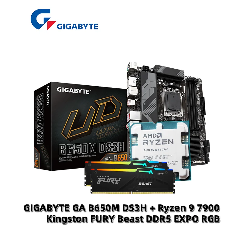 AMD Ryzen 9 7900 R9 7900 CPU + GA B650M DS3H Motherboard + Kingston