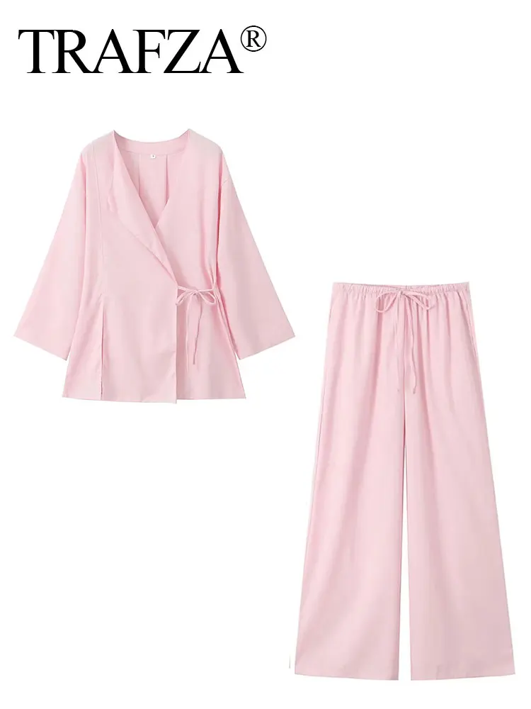TRAFZA Pajama Style Pants Sets Women Fashion Kimono Style Lace Up Shirt Top Elastic Waist Trousers Women's Casual Outfits TRAF