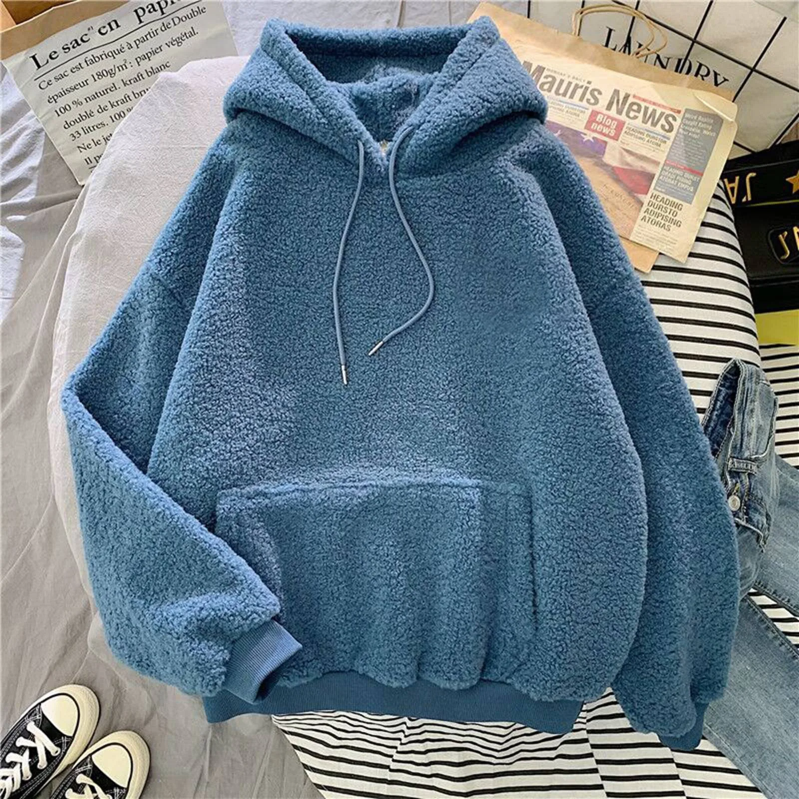 

New Autumn Winter Thick Warm Coat Velvet Cashmere Women Hoody Sweatshirt Solid Blue Lady Loose Long Sleeve Pullover Casual Tops