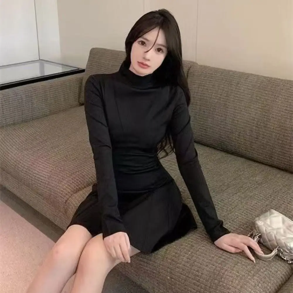 Long Sleeved Christmas Red Dress Short Skirt Pleated Girls Irregular Dress Half High Collar A-line Slim Thin Dress Streetwear