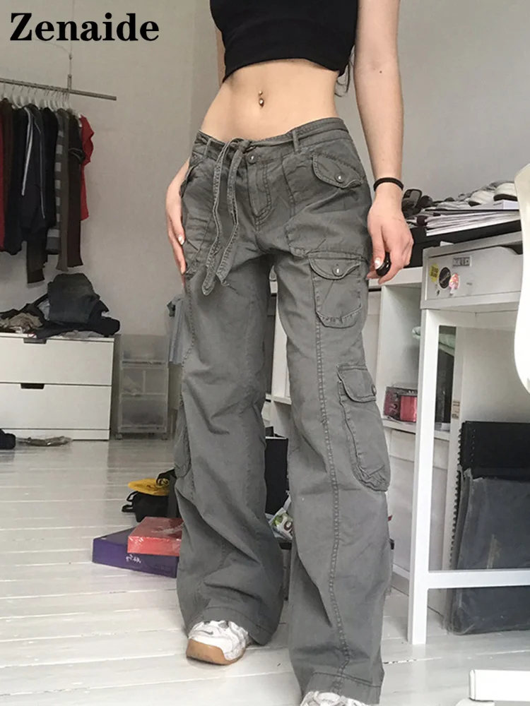 Zenaide Goth Cargo Pants Y2k Women Oversized Grunge Grey Low Waist Loose  Pockets Khaki Baggy Jeans Vintage Streetwear Black - Pants u0026 Capris -  AliExpress