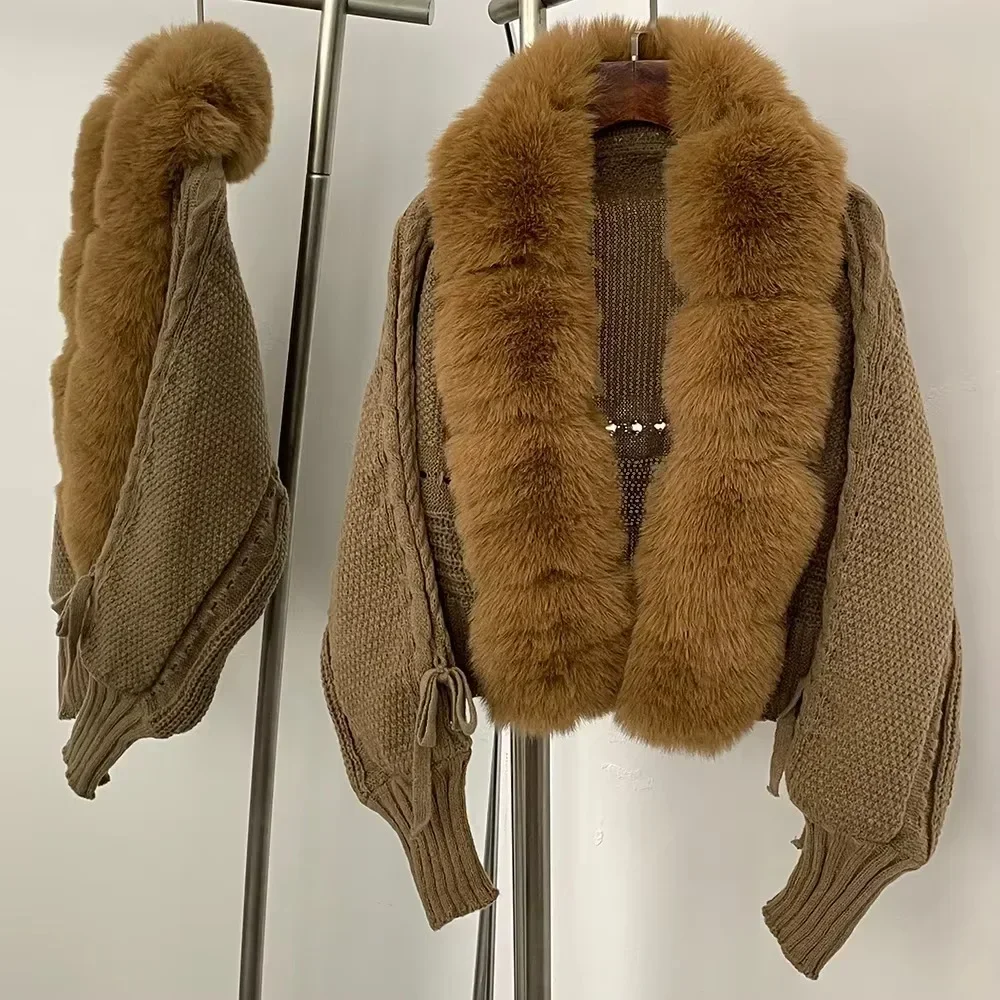 Knitwear Faux Fur Coat Fake Fur Jacket Knitted Solid Sweater Women Spring Autumn Cropped Cardigan Sweater Female Short Fur - 4