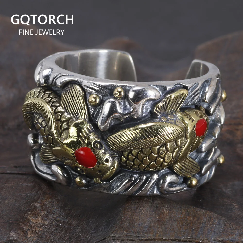 S925 Sterling Silver Carp Koi Ring for Men Opening Type Lucky Fish Ring Good Color Vintage