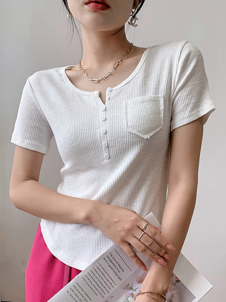 

Новинка 2023, футболка с V-образным вырезом и коротким рукавом, женский летний Универсальный Приталенный топ, появляется приталенным