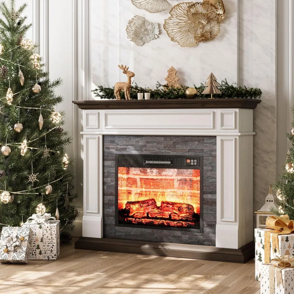 44" Electric Fireplace with Mantel, Portable Freestanding Wood Stove Heater, Realistic 3D Dancing Flame Effect ,White&brown