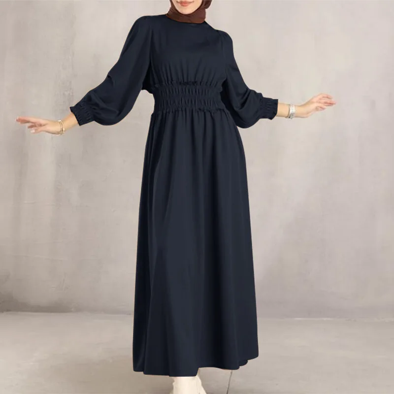 2023 Ramadan Muslim Robe  Islam Abaya Dress Solid Waist Long Sleeve Fashion Robe Femme Musulmane Casual Women's Dress Dubai Robe