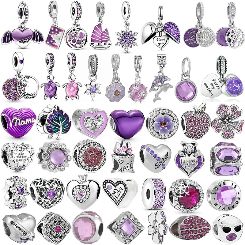 

45Pcs DIY Accessories Set 925 Silver Plated Purple Series Charm Beads Fit Pandora Necklace Bracelet Keychain Women Jewelry