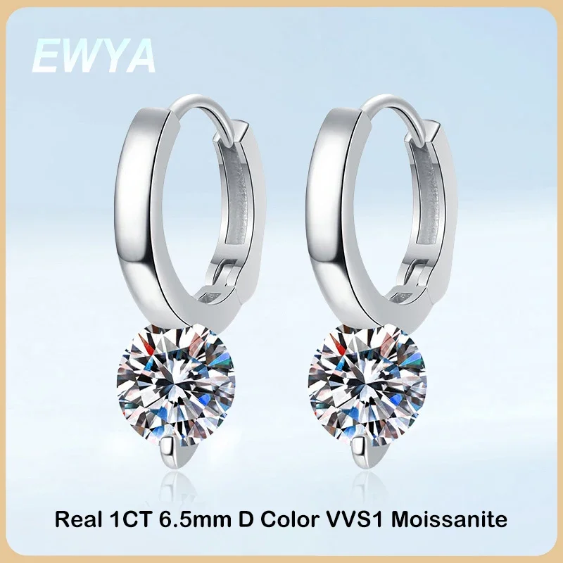 

EWYA GRA Certified 1CT 6.5mm D Color Moissanite Diamond Drop Earrings for Women S925 Silver Hoop Earring Small Ear Buckle Gift