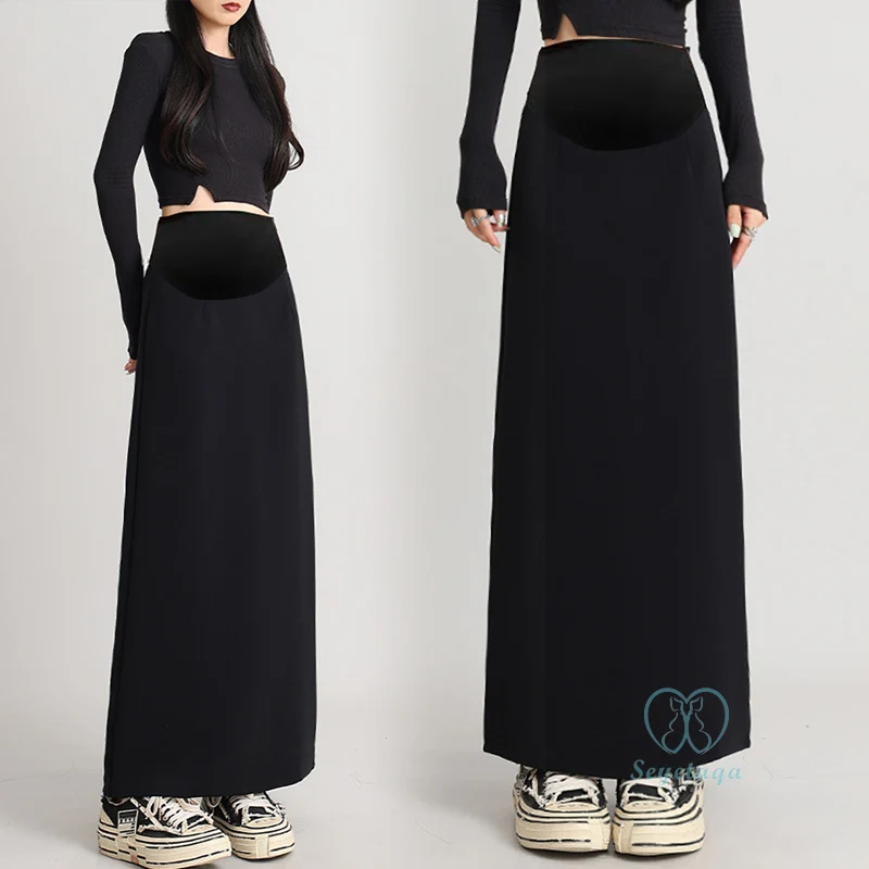 Back Splits Black Maternity Full Maxi Long Skirts Spring Casual Pencil Bottoms for Pregnant Women Elastic Waist Pregnancy