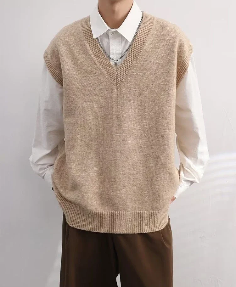 Description Picture 6 of itemKnitted Sweaters for Men V Neck Man Clothes Solid Color Waistcoat Plain Sleeveless Vest Korean 2023 Autumn Knitwears Overfit S A