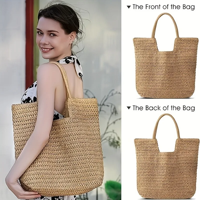1pc Women's Handwoven Straw Beach Tote Bag, Summer Sisal Woven Shoulder Handbag, Large Vacation Carryall