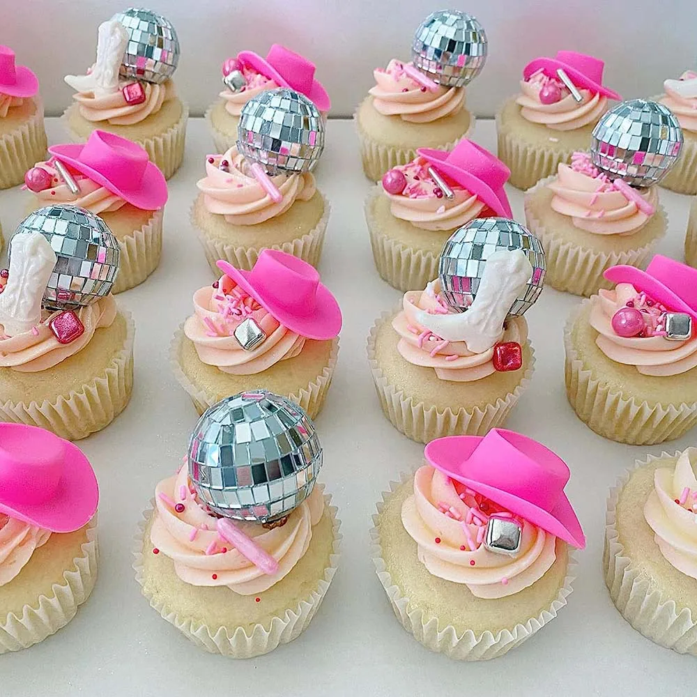 Disco Ball Cupcake Toppers Pink Cowboy Hat Cake Toppers 1970S Disco Ball Cake Decorations Tema Discoteca Forniture Per Feste Di Compleanno