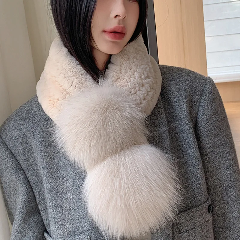 

Natural Rex Rabbit Fur Scarf Winter Real Fur Collar For Women Real Rex Rabbit Fur Scarves With Fox Fur Luxury Neck Warmer Scarf