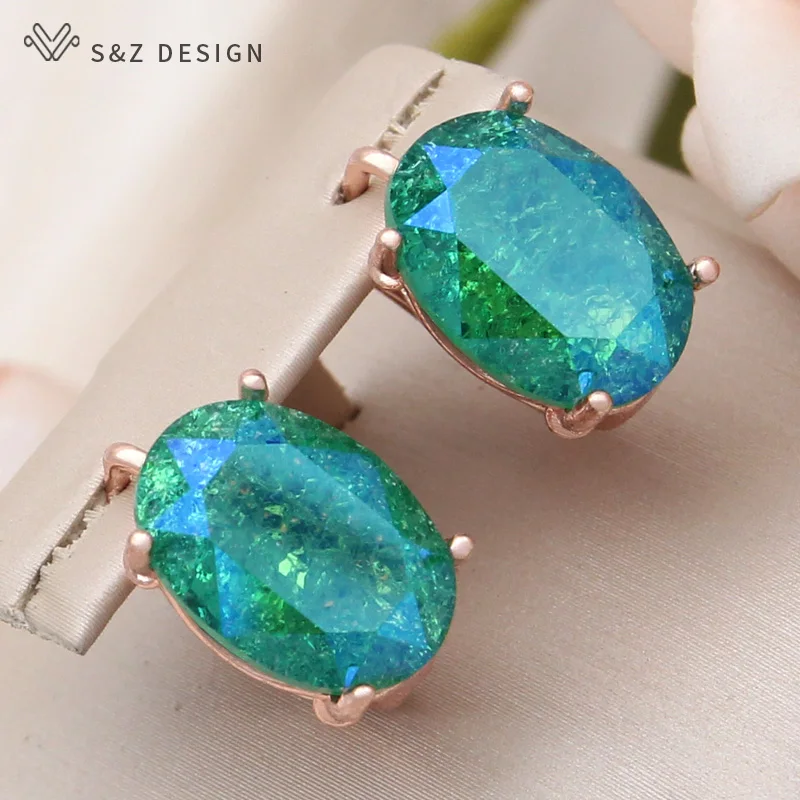 S&Z DESIGN New Fashion 585 Rose Gold Color Ice Crack Egg Shape Oval Crystal Dangle Earrings For Women Wedding Party Jewelry