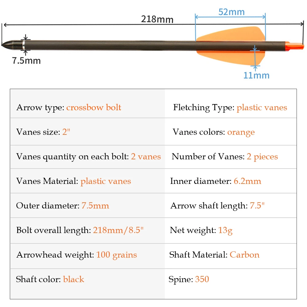 Flèche d’arbalète en fibre de carbone de 7,5 pouces avec ID 6,2 mm OD 7,5  mm pour la chasse au tir en plein air.sans arbalète