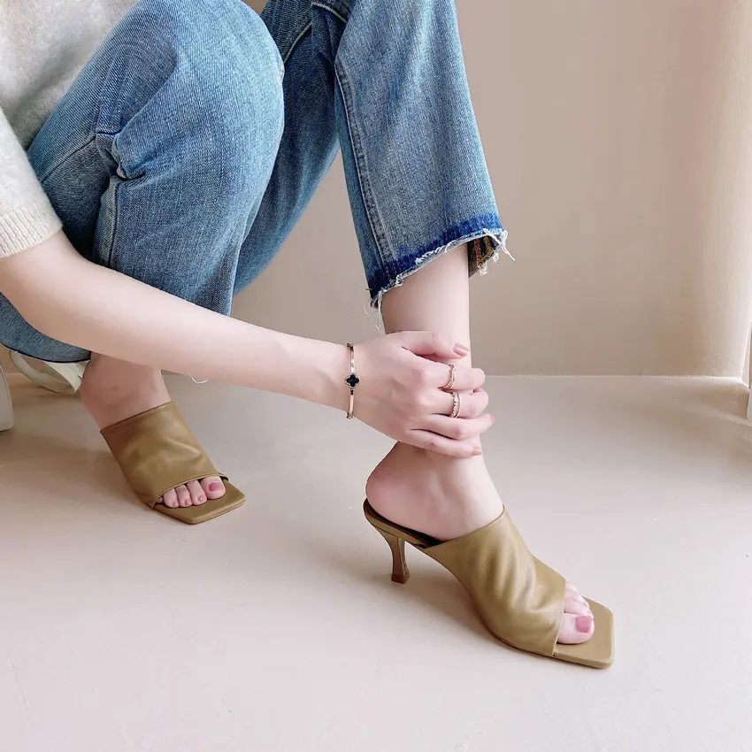QUTAA 2022 New Summer Thin High Heel Women Shoes Square Toe Slippers Ladies Pumps Genuine Leather Platform Sandals Size 34-39