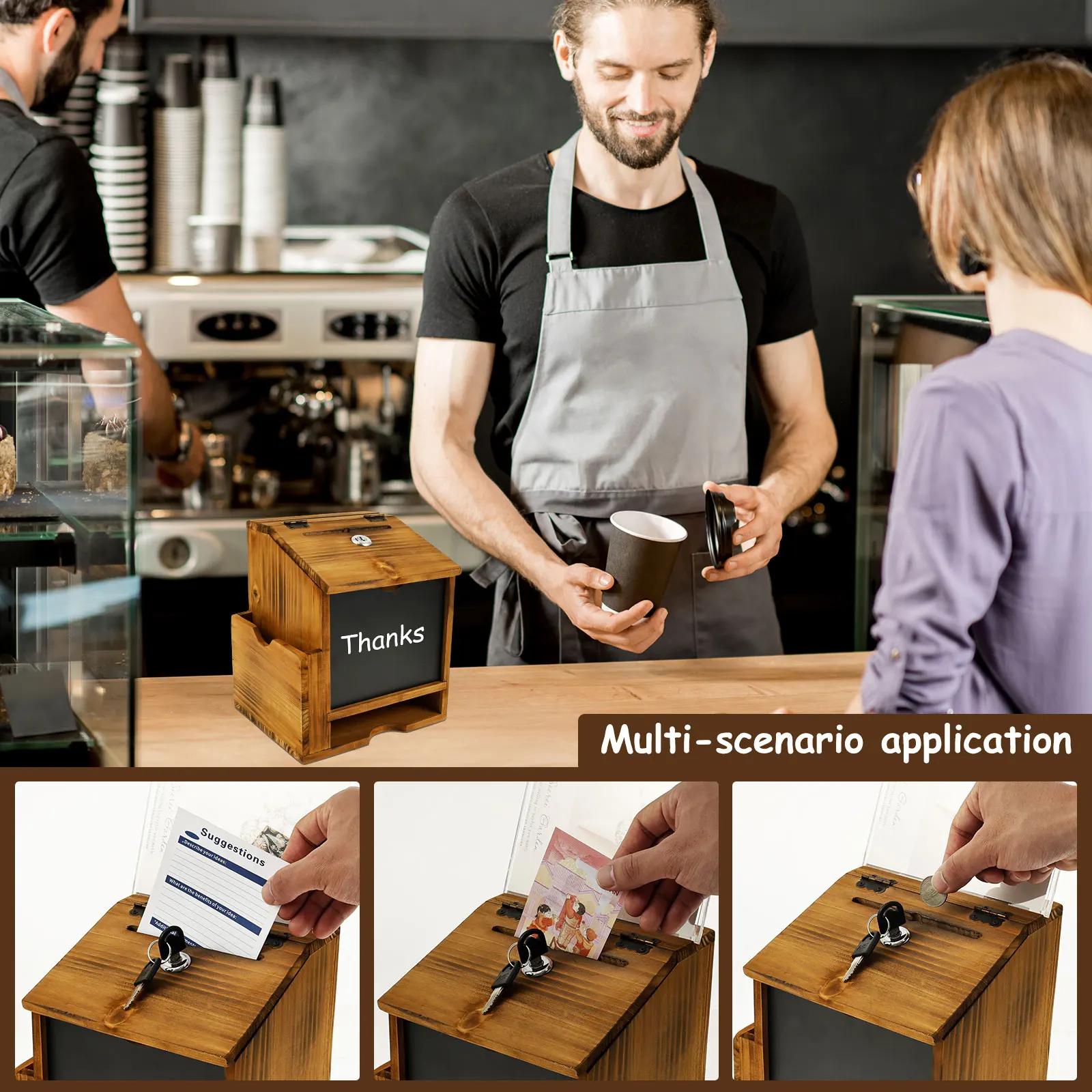 Wood Suggestion Box Wall Mounted/Standing Donation Ballot Message Box with Slot & Lock Chalkboard Collection Box for Home School