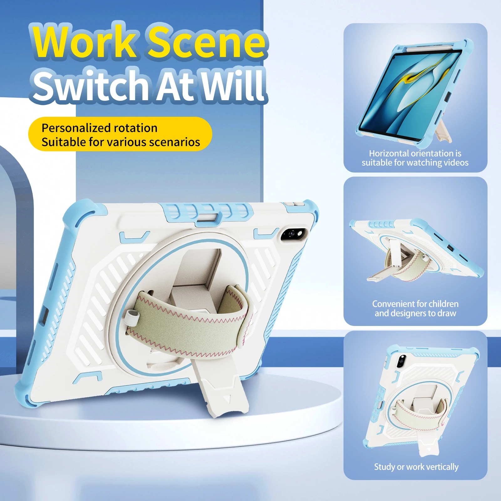 360° Rotating Shockproof Tablet Case with Hand Strap & Pen Slot