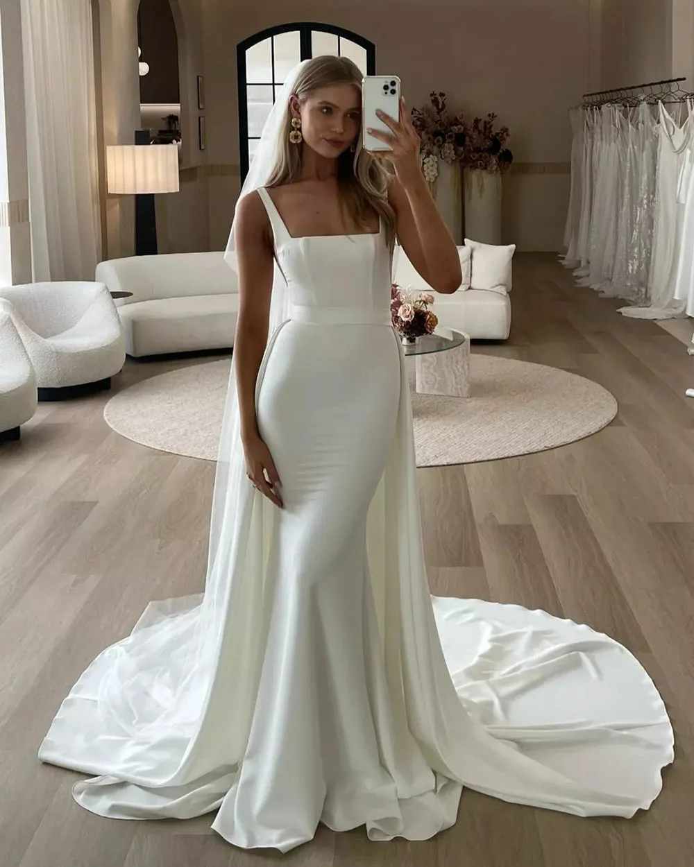 Mermaid Wedding Dress Women Detachable Train Square Collar Elegant Simple Bridal Gown Sleevesless Vestidos De Novia Customized 2
