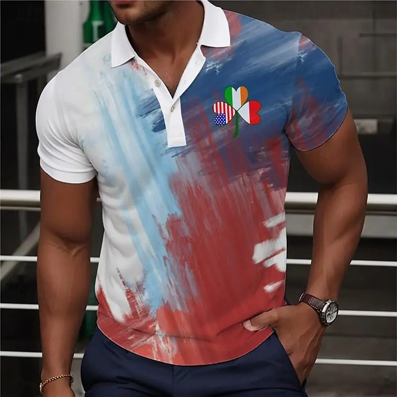

2024 Gradient Men's Polo Shirt 3d Clover Print Short Sleeve Golf Sweatshirt Oversized Fashion Casual Button Polo T-Shirt For Men