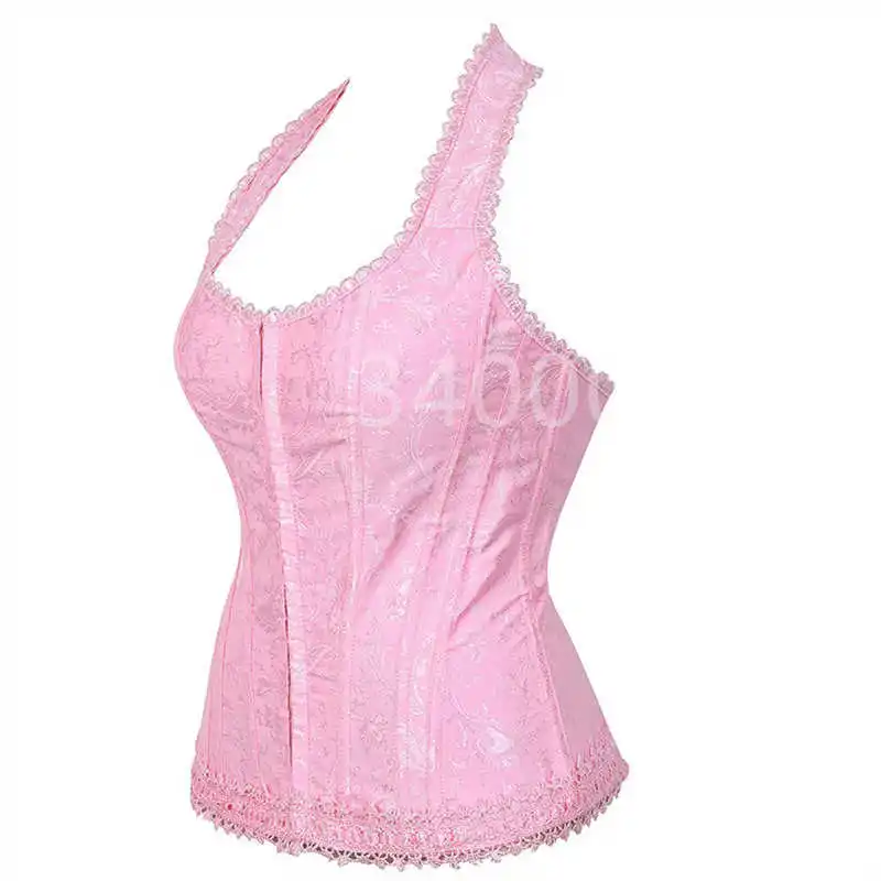 Pink Corset Top Shoulder Strap Halter Flower Print Vest Lace Sexy Lingerie Victorian Renissance Burlesque Korsett