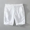 L8216 Mid Waist Linen Beach Shorts Summer Men Simple Business Casual Straight Pockets Solid Color Zipper Work Knee Length Pants 2