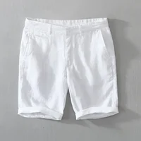 L8216 Mid Waist Linen Beach Shorts Summer Men Simple Business Casual Straight Pockets Solid Color Zipper Work Knee Length Pants 2