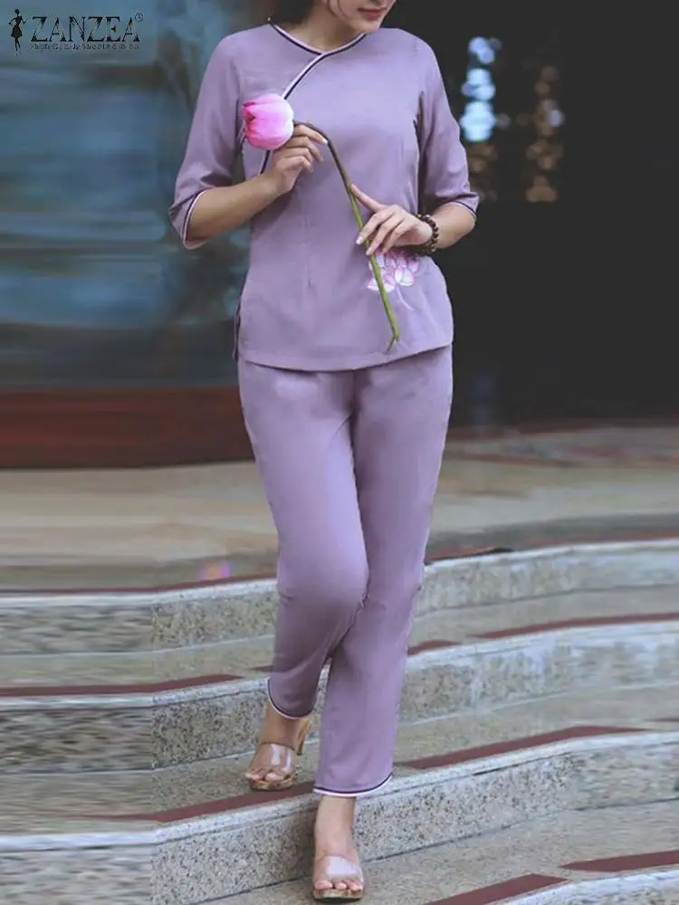 

ZANZEA 2023 Casual Printed Blouse Set Women Half Sleeve Tops Tracksuit Chinese Style Colorblock 2PCS Sets Fashion Long Pant Suit