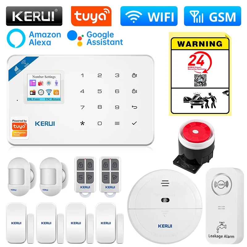 KERUI-Sistema de alarme de segurança residencial inteligente sem fio, Wi-Fi, 2G GSM, Tuya App Controle, Detector de Movimento Casa, Sensor, assaltante Câmera IP