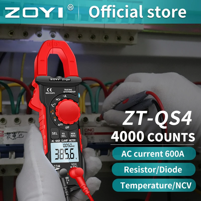 ZOYI Digital Clamp Meter ZT-QS4, 600A current True RMS smart plier ammeter auto range 6000 multimeter DC AC voltage Hz ohm NCV tester