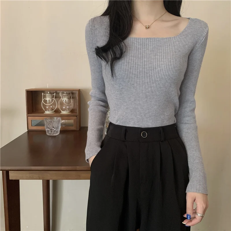 Women Square Neck  Knitted Sweaters Autumn Winter Slim Pullover Soft  Loose Casual Knit  Warm Fashion Basic Tops vintage sweaters