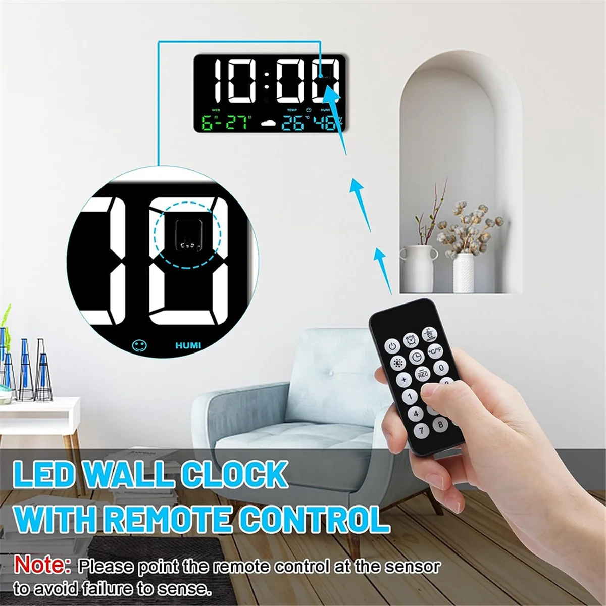 Digital Wall Clock Large Display, 25cm USB LED Digital Wall Clocks Alarm Clock for Bedrooms with Weather Station